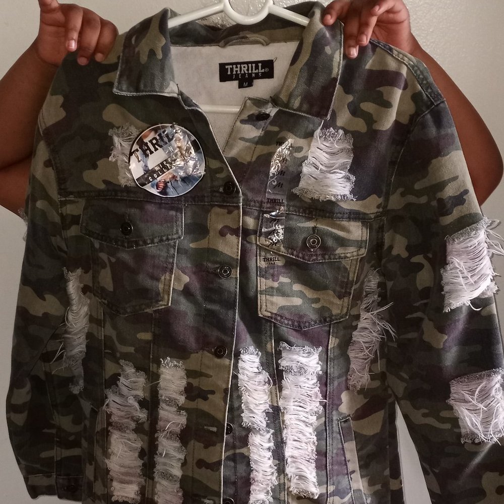 Camo Distressed Long Denim Jacket